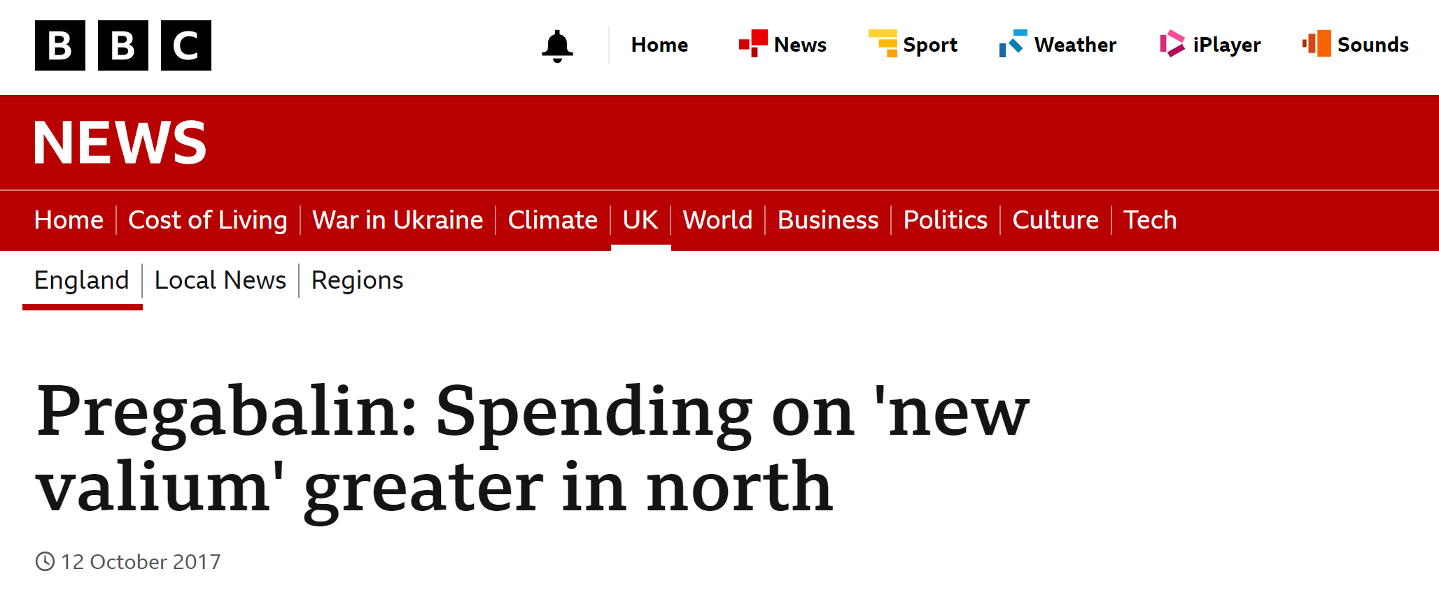 BBC News headline: &ldquo;Pregabalin: spending on &rsquo;new valium&rsquo; greater in North&rdquo;