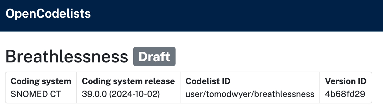 A screenshot from the OpenCodelists builder, showing a draft codelist being edited. The title of the codeist, ‘Breathlessness’, has a section next to it which says ‘DRAFT’. Certain codelist metadata, such as its coding system, coding system release, ID and version ID, are also shown directly beneath the title.