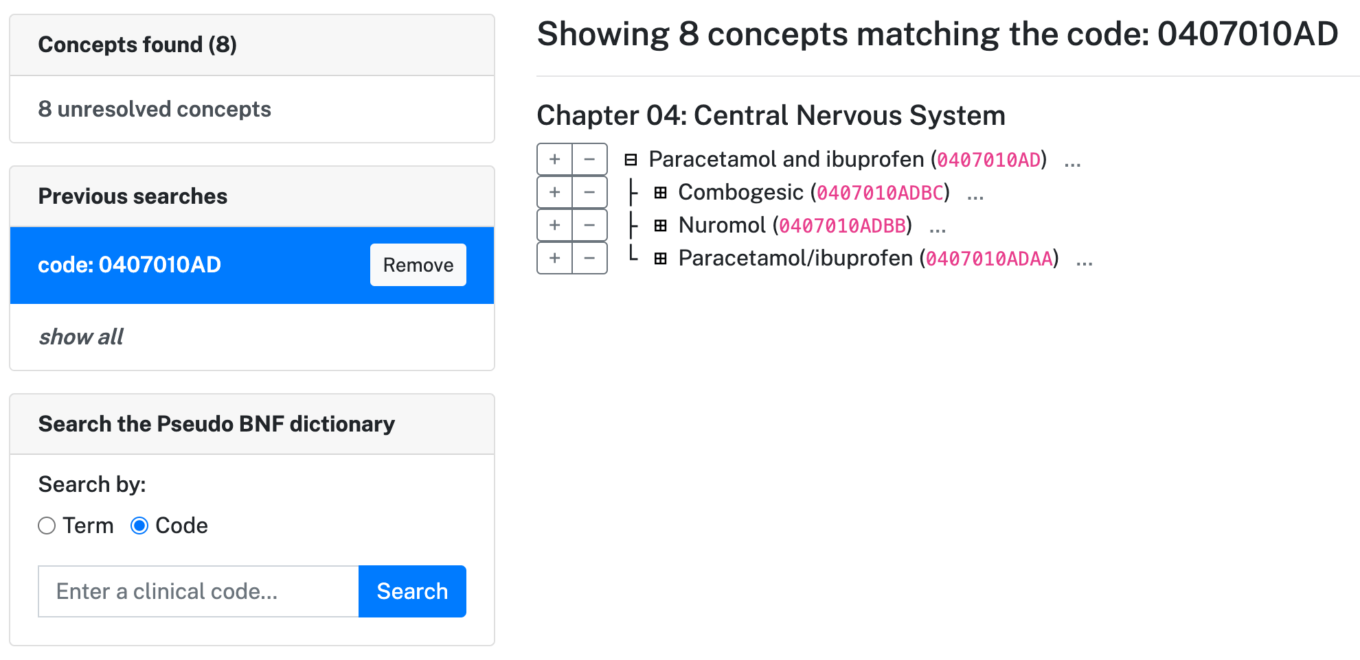 A screenshot from the OpenCodelists builder. The user has previously used the search box to search for the code ‘0407010AD’, and the builder is displaying the tree of codes resulting from that search, which relate to paracetamol and ibuprofen. In the ‘previous searches’ section on the left of the builder, the previous search ‘code: 0407010AD’ is visible.