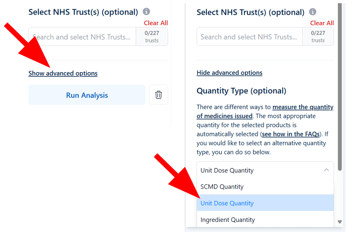 Screenshots of the custom analyse page on the analysis builder, showing how to select the show advanced options link and the unit dose quantity