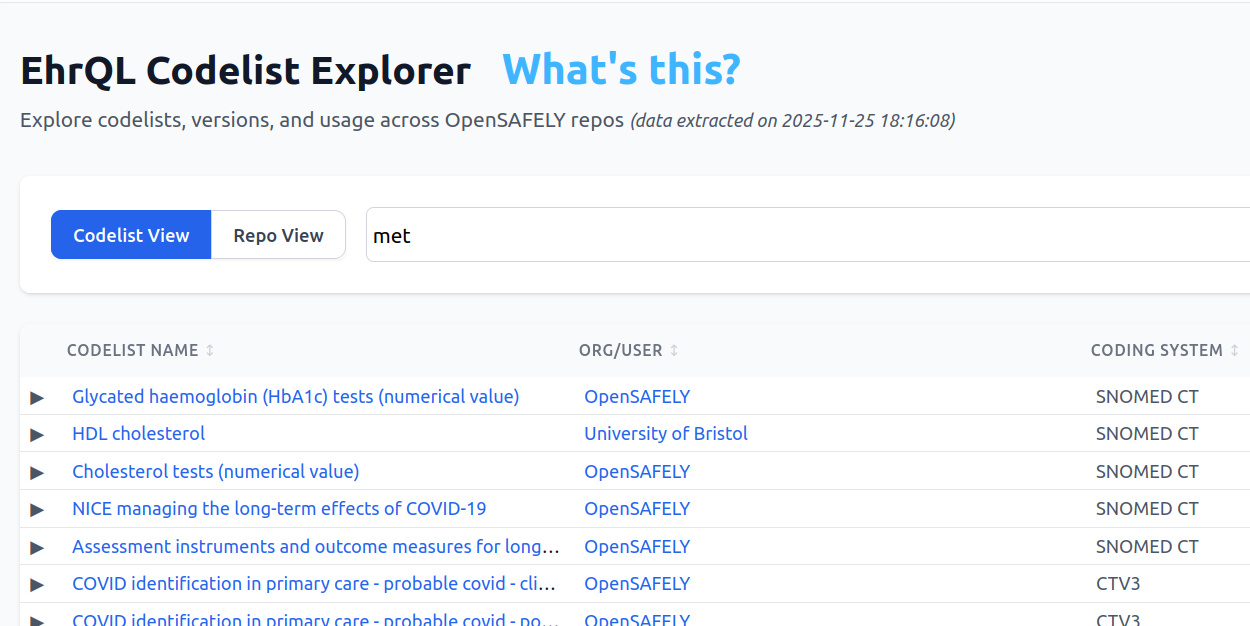 A screenshot of the ehrQL codelist explorer showing a table of codelists, their names, authors and coding system