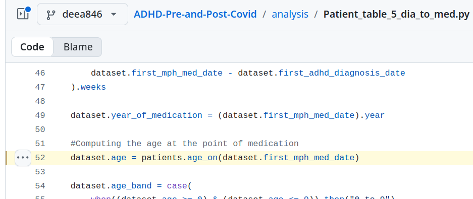 A screenshot of a file in github with the line of the ehrQL variable highlighted