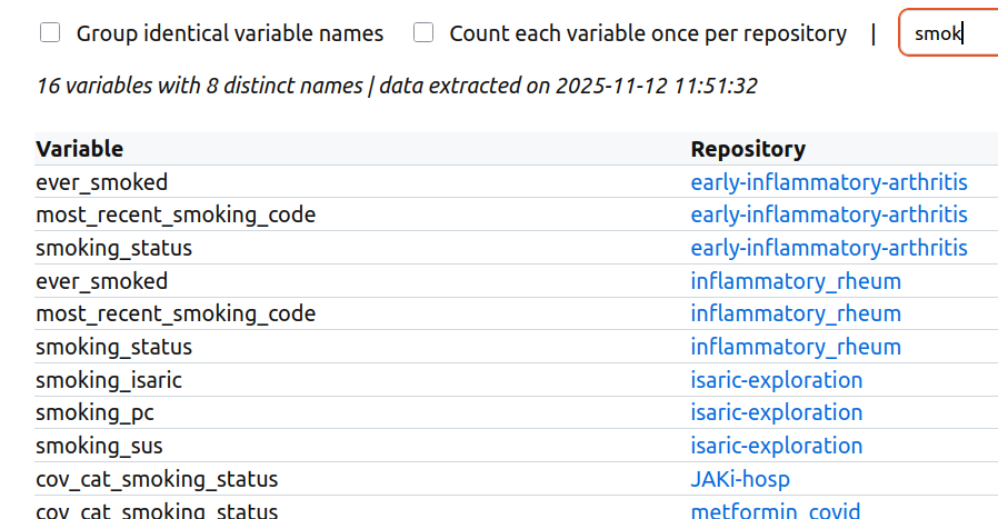 A screenshot of the table filtered to 16 variables after starting to type “smoking” in the search box